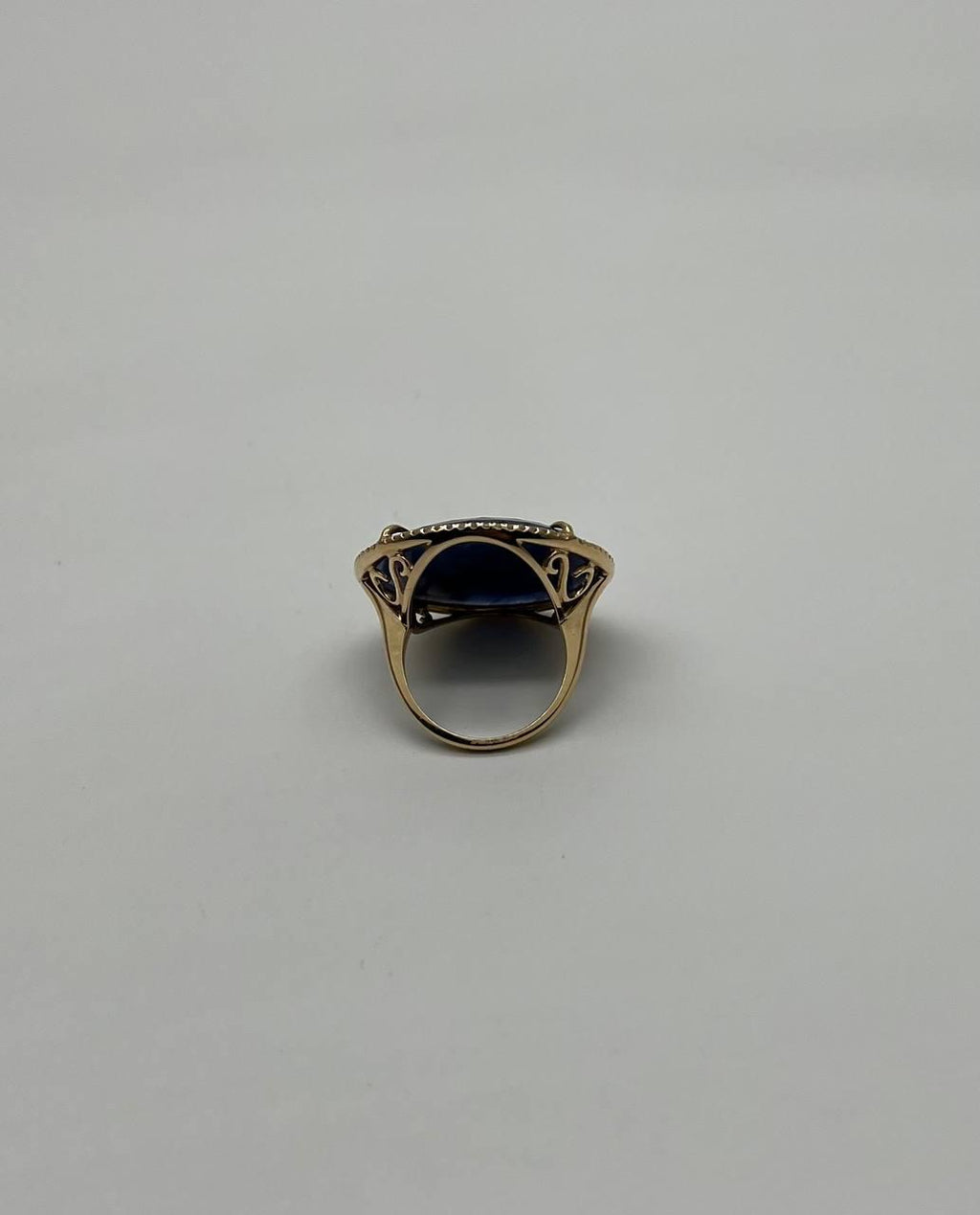 Round Shape Blue Sapphire Faceted Cabochon Slice 14K Gold Diamond Halo Ring