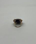 Round Shape Blue Sapphire Faceted Cabochon Slice 14K Gold Diamond Halo Ring
