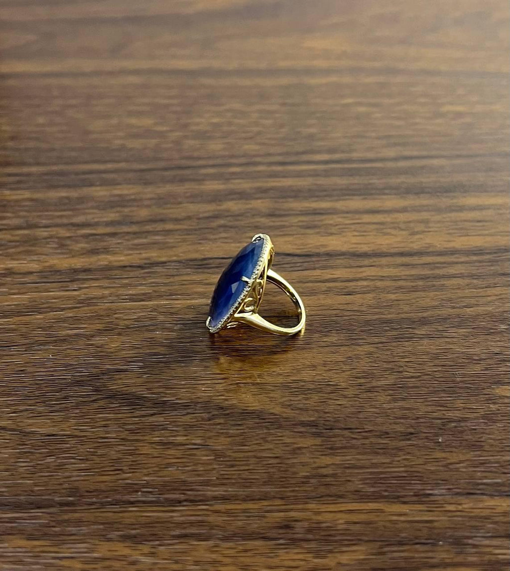 Round Shape Blue Sapphire Faceted Cabochon Slice 14K Gold Diamond Halo Ring