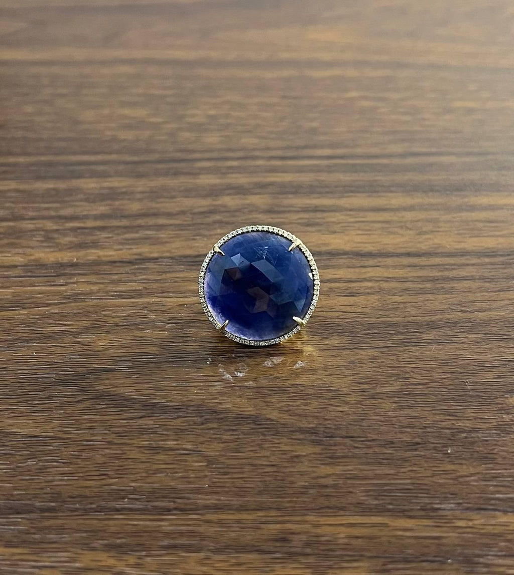 Round Shape Faceted Blue Sapphire Cabochon Diamond Halo 14K Yellow Gold Ring