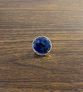 Round Shape Faceted Blue Sapphire Cabochon Diamond Halo 14K Yellow Gold Ring