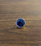 Round Shape Faceted Blue Sapphire Cabochon Diamond Halo 14K Yellow Gold Ring