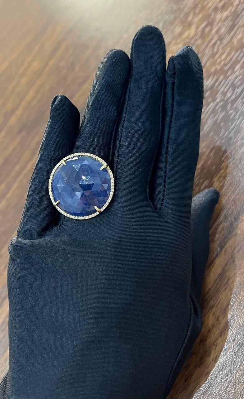 Round Shape Blue Sapphire Faceted Cabochon Slice 14K Gold Diamond Halo Ring