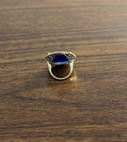 Round Shape Blue Sapphire Faceted Cabochon Slice 14K Gold Diamond Halo Ring