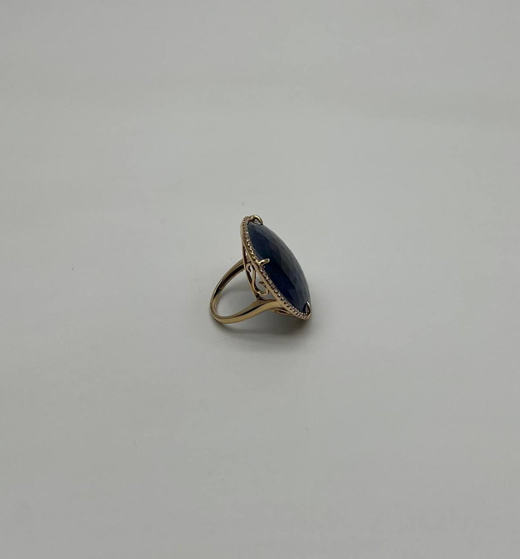 Round Shape Blue Sapphire Faceted Cabochon Slice 14K Gold Diamond Halo Ring