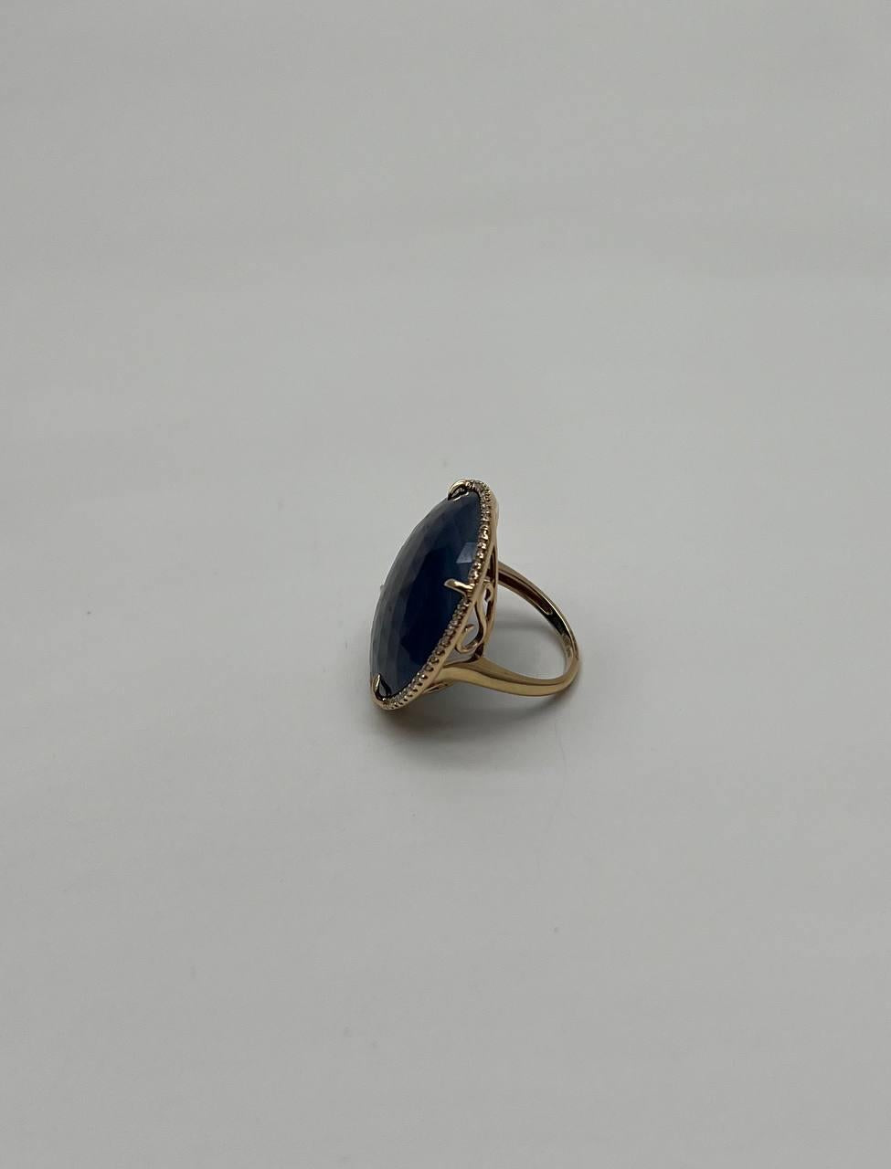 Round Shape Blue Sapphire Faceted Cabochon Slice 14K Gold Diamond Halo Ring