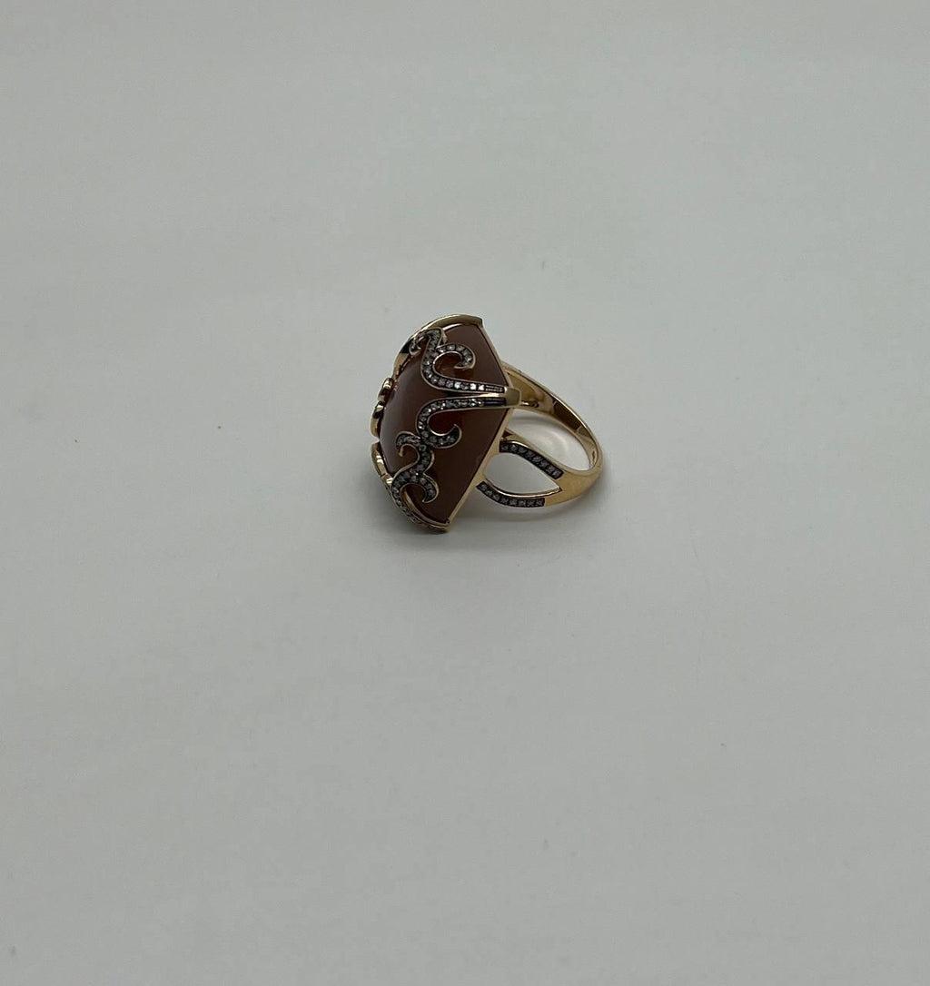 Peach Pink Moonstone Diamonds Halo Scroll 14K Yellow Gold Statement Ring