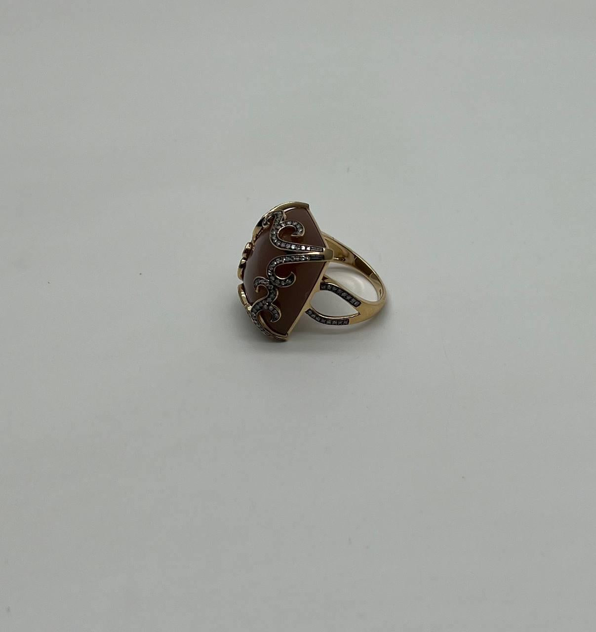 Peach Pink Moonstone Diamonds Halo Scroll 14K Yellow Gold Statement Ring