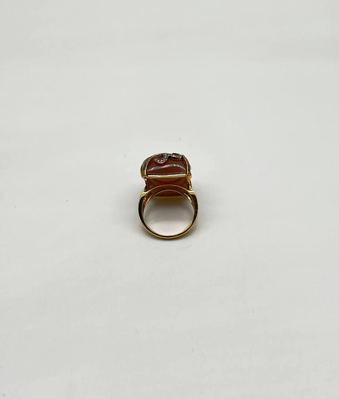 Peach Pink Moonstone Diamonds Halo Scroll 14K Yellow Gold Statement Ring
