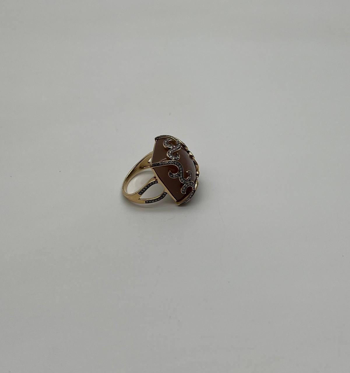 Peach Pink Moonstone Diamonds Halo Scroll 14K Yellow Gold Statement Ring