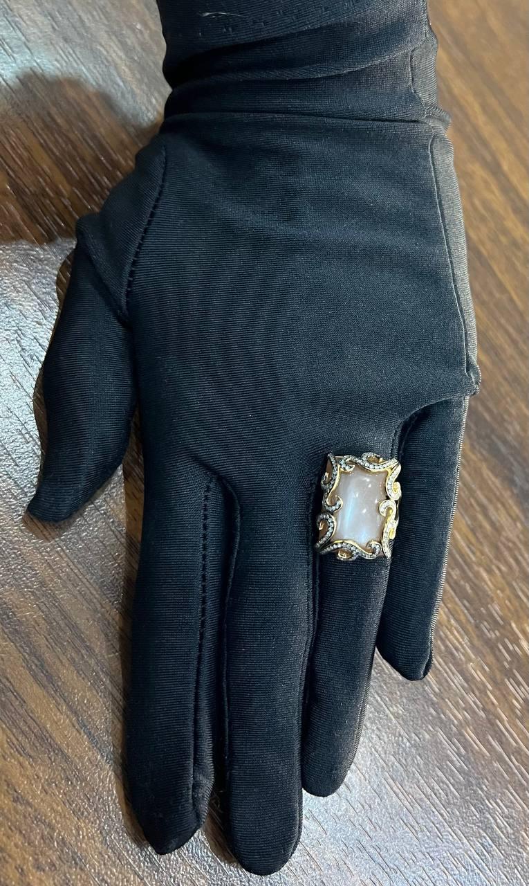 Peach Pink Moonstone Diamonds Halo Scroll 14K Yellow Gold Statement Ring
