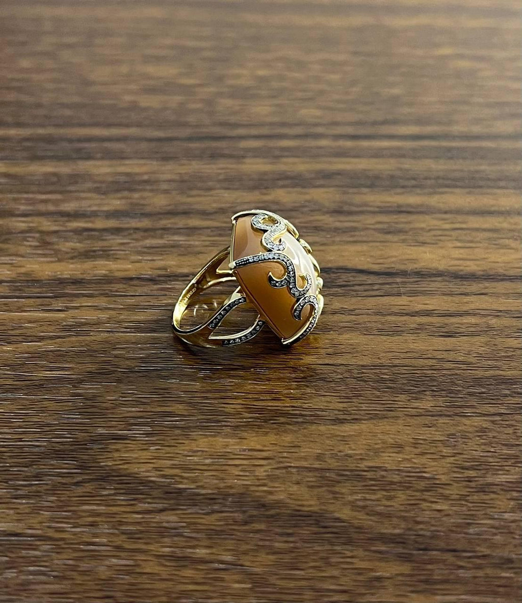 Peach Pink Moonstone Diamonds Halo Scroll 14K Yellow Gold Statement Ring