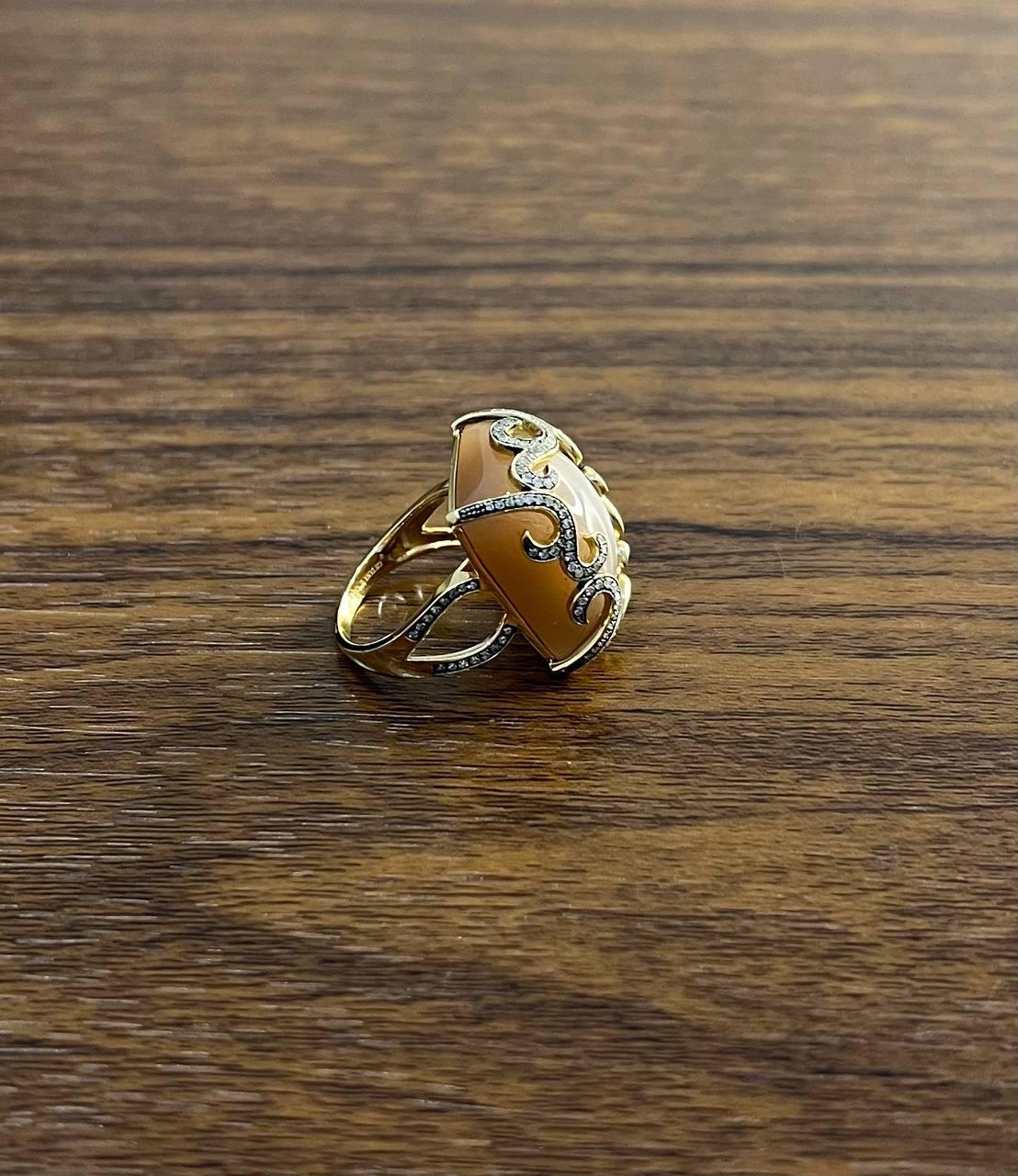 Peach Pink Moonstone Diamonds Halo Scroll 14K Yellow Gold Statement Ring