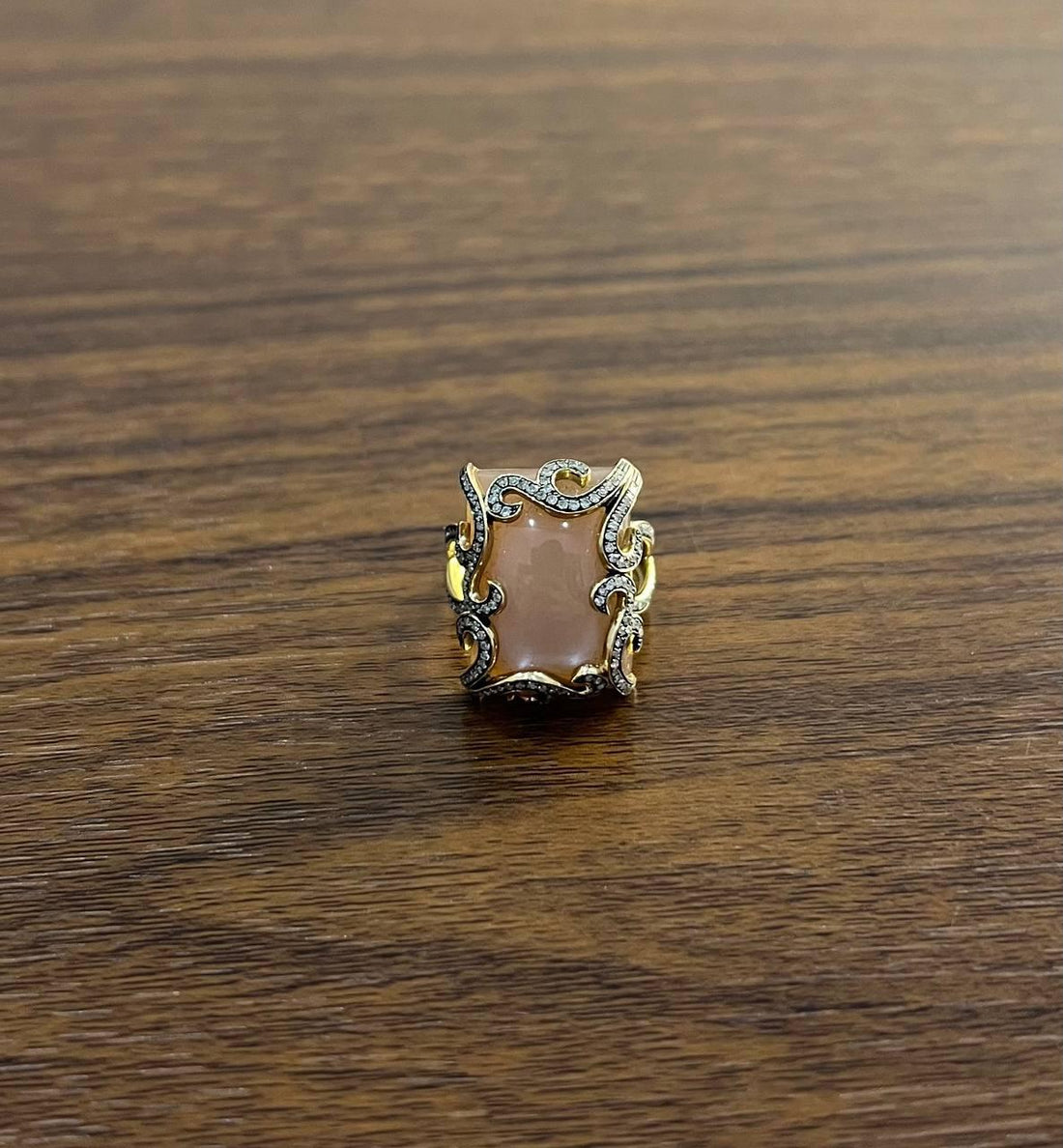 Peach Pink Moonstone Diamonds Halo Scroll 14K Yellow Gold Statement Ring