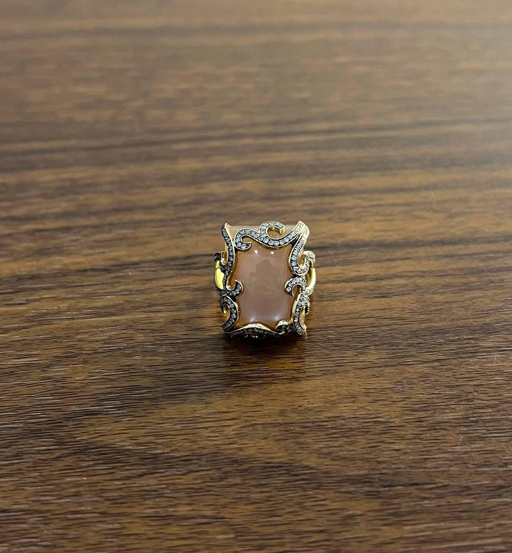 Peach Pink Moonstone Diamonds Halo Scroll 14K Yellow Gold Statement Ring