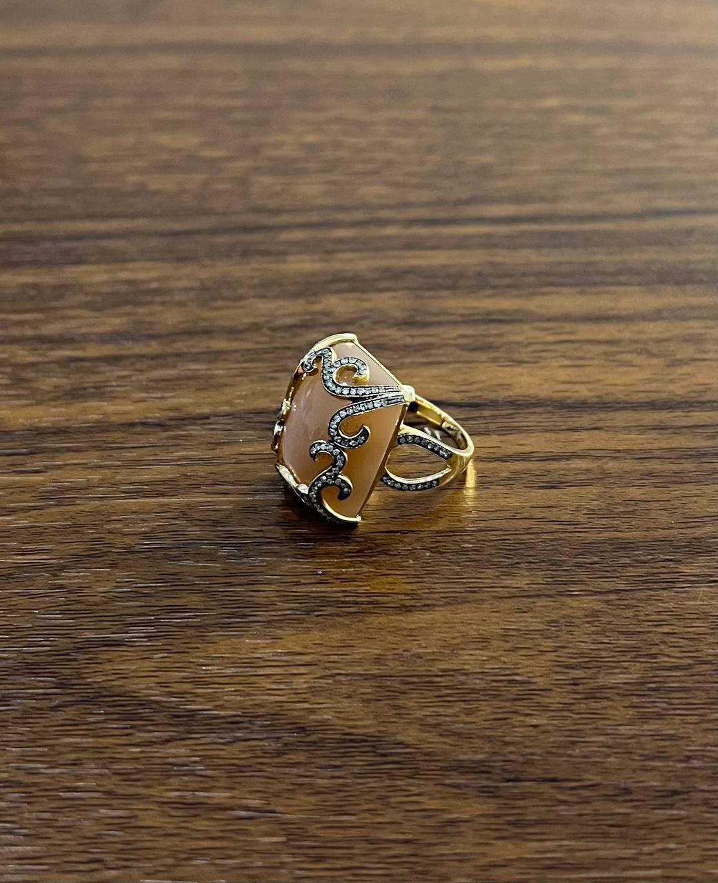 Peach Pink Moonstone Diamonds Halo Scroll 14K Yellow Gold Statement Ring
