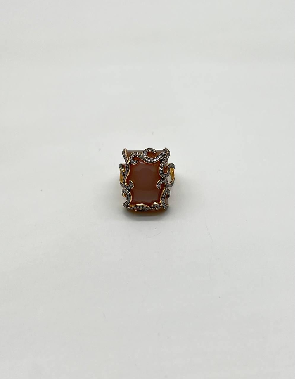Peach Pink Moonstone Diamonds Halo Scroll 14K Yellow Gold Statement Ring