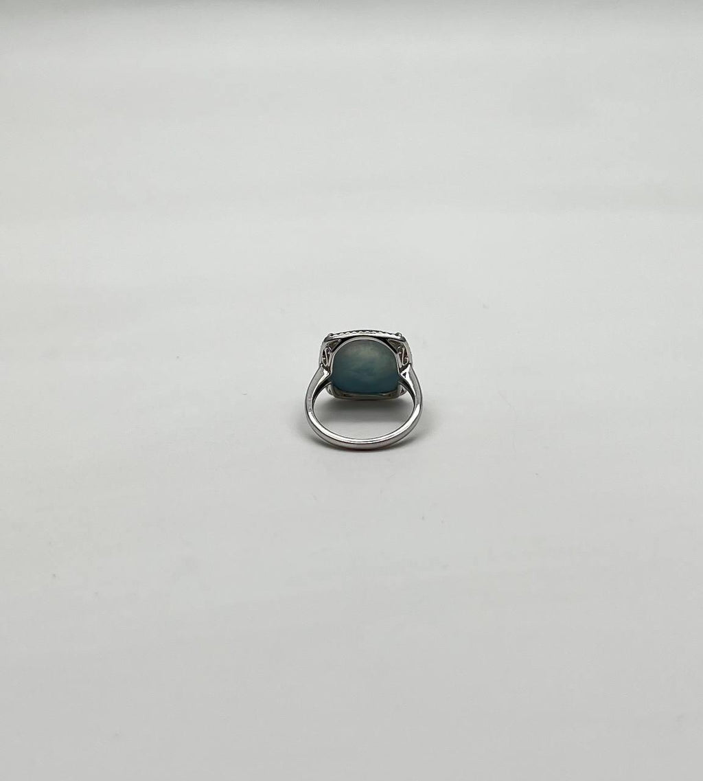 Cushion Shape Cabochon Blue Opal 14K White Gold Cocktail Diamond Halo Ring