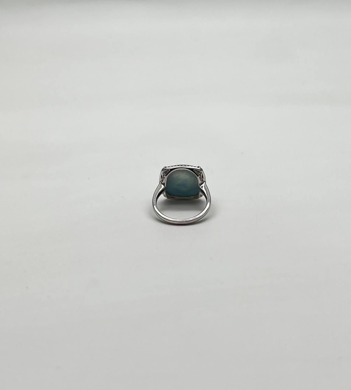 cushion shape cabochon blue opal 14k white gold cocktail diamond halo ring