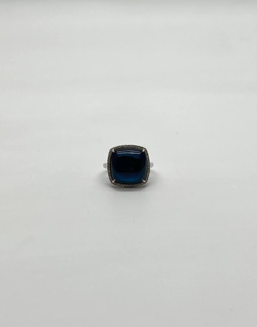 Cushion Shape Cabochon Blue Opal 14K White Gold Cocktail Diamond Halo Ring