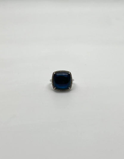 Cushion Shape Cabochon Blue Opal 14K White Gold Cocktail Diamond Halo Ring