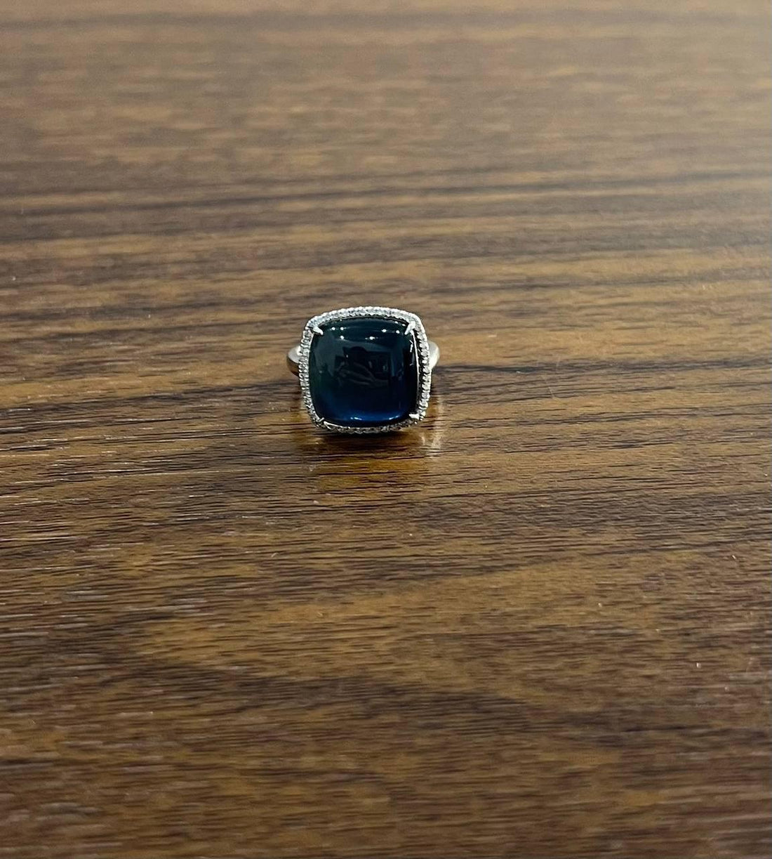 Cushion Shape Cabochon Blue Opal 14K White Gold Cocktail Diamond Halo Ring