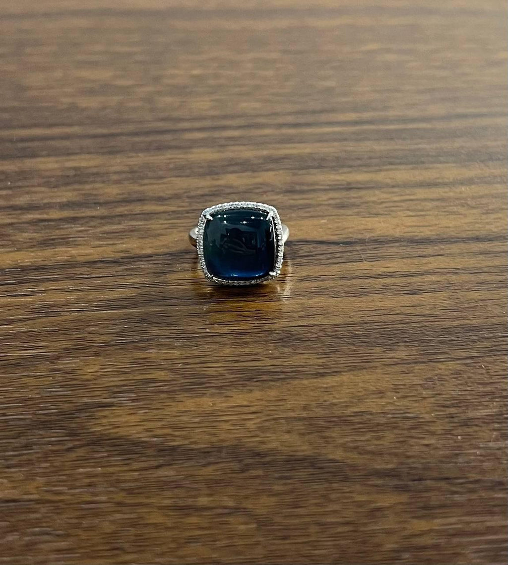 Cushion Shape Cabochon Blue Opal 14K White Gold Cocktail Diamond Halo Ring