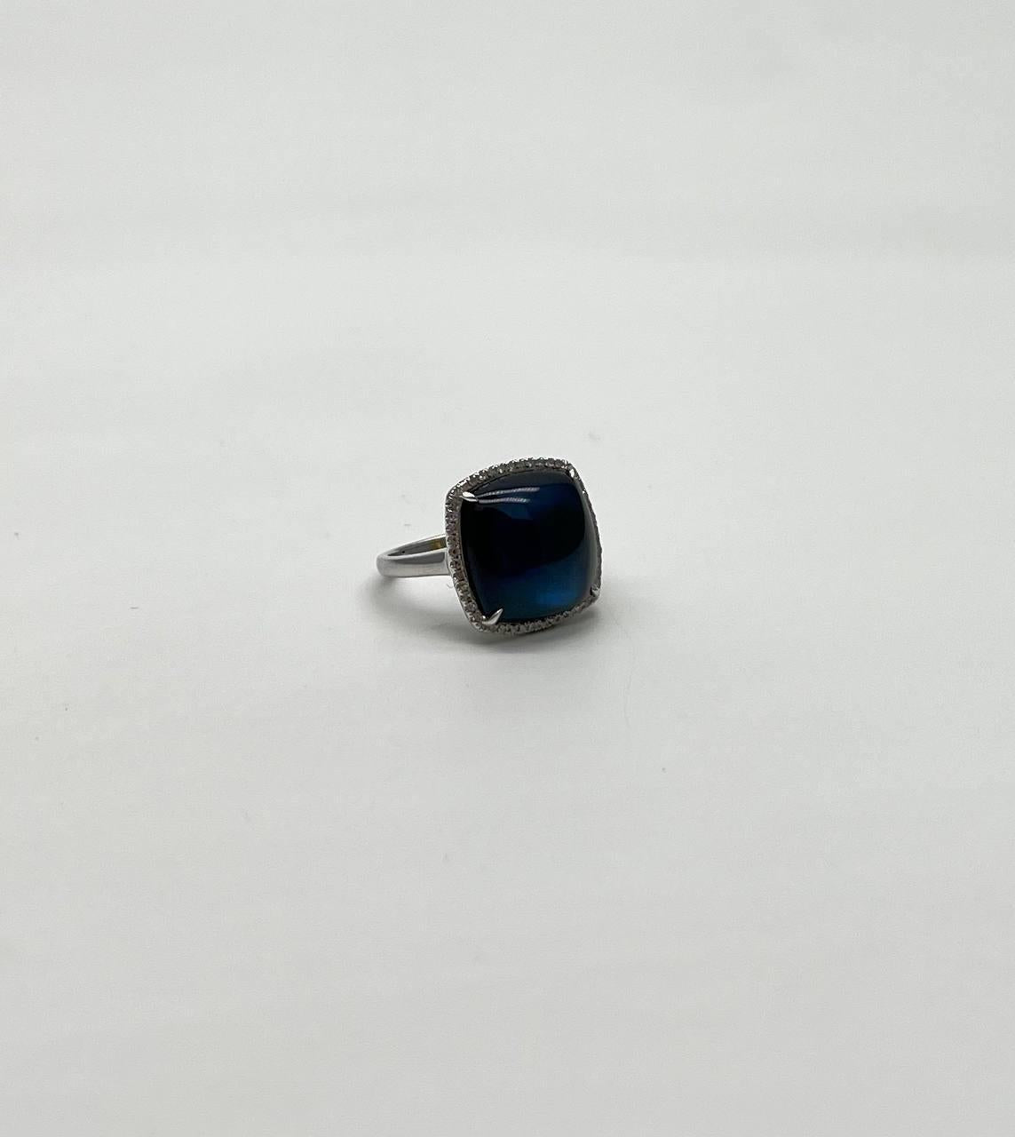 cushion shape cabochon blue opal 14k white gold cocktail diamond halo ring