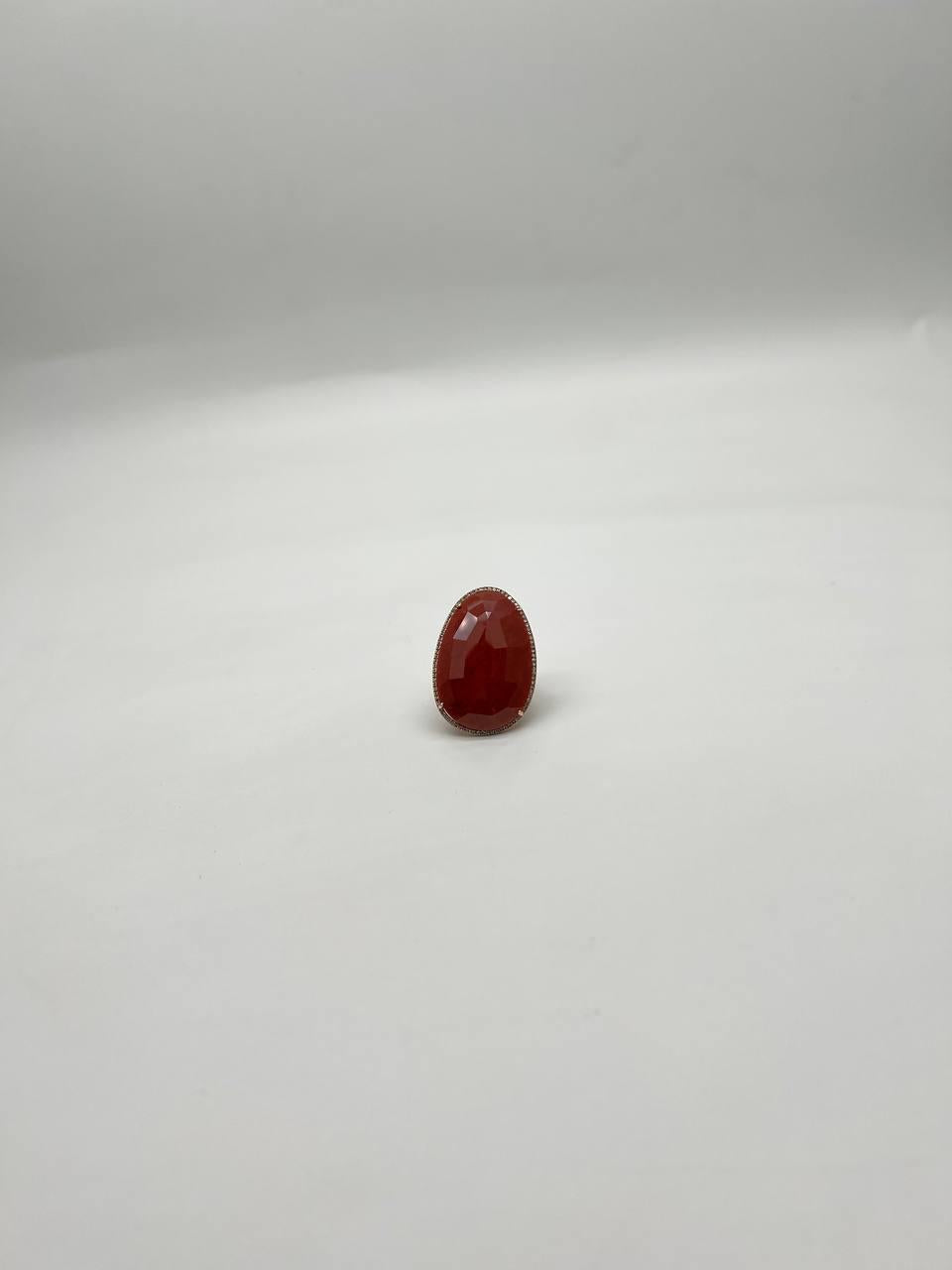 Large Faceted Cabochon Red Jasper 14K Yellow Gold Statement Diamonds Halo Ring