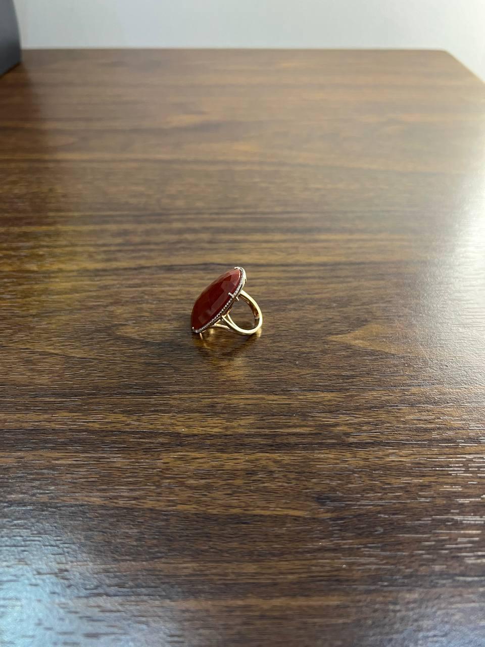Large Faceted Cabochon Red Jasper 14K Yellow Gold Statement Diamonds Halo Ring