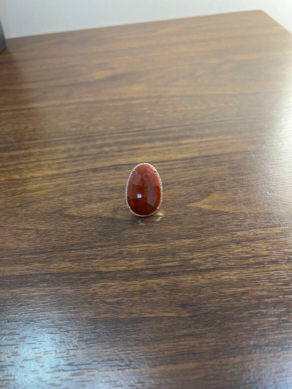 Large Faceted Cabochon Red Jasper 14K Yellow Gold Statement Diamonds Halo Ring