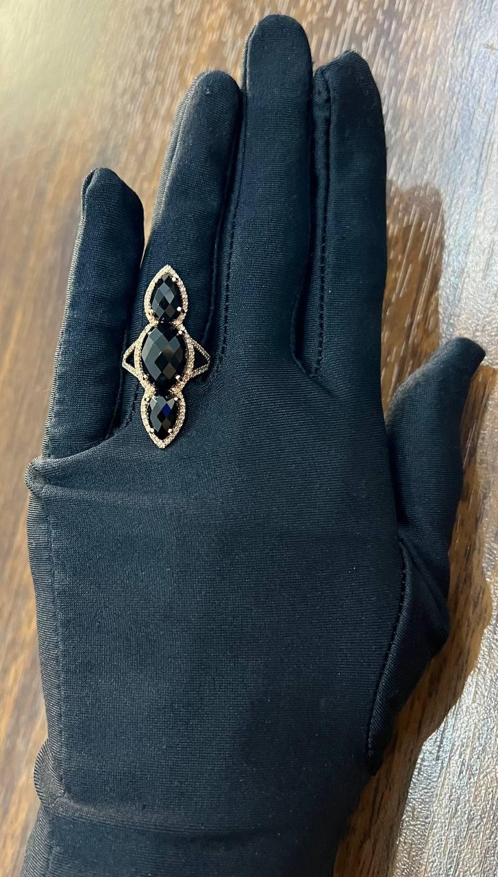 Black Onyx Faceted Diamonds Halo Statement 14K Gold Statement Ring