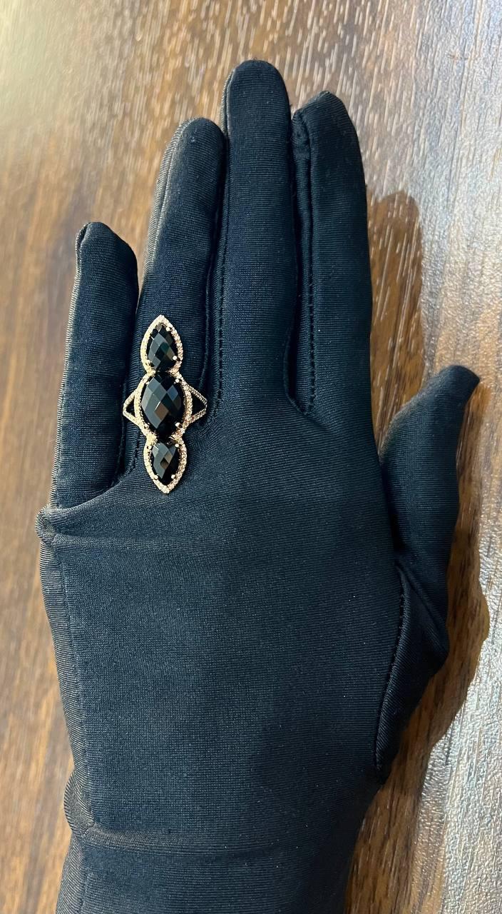 Black Onyx Faceted Diamonds Halo Statement 14K Gold Statement Ring