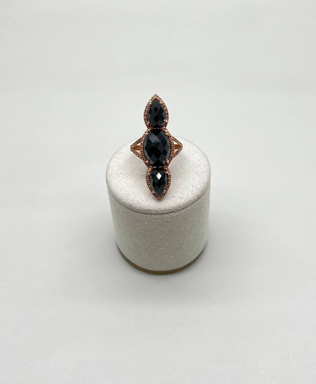 Black Onyx Faceted Diamonds Halo Statement 14K Gold Statement Ring