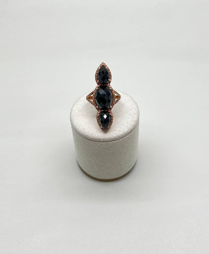 Black Onyx Faceted Diamonds Halo Statement 14K Gold Statement Ring