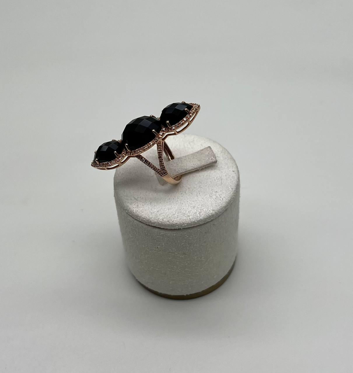 Black Onyx Faceted Diamonds Halo Statement 14K Gold Statement Ring