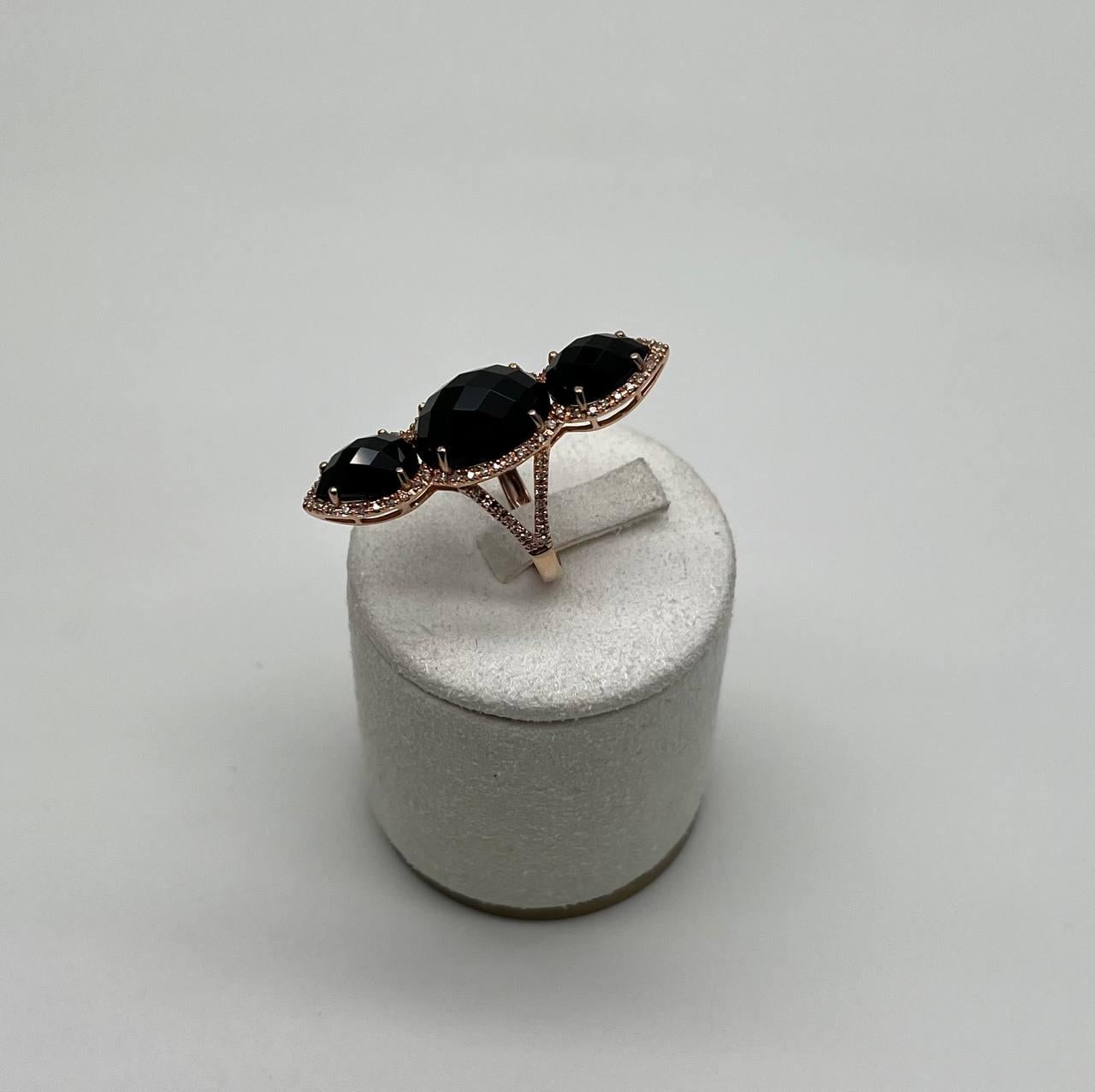 Black Onyx Faceted Diamonds Halo Statement 14K Gold Statement Ring