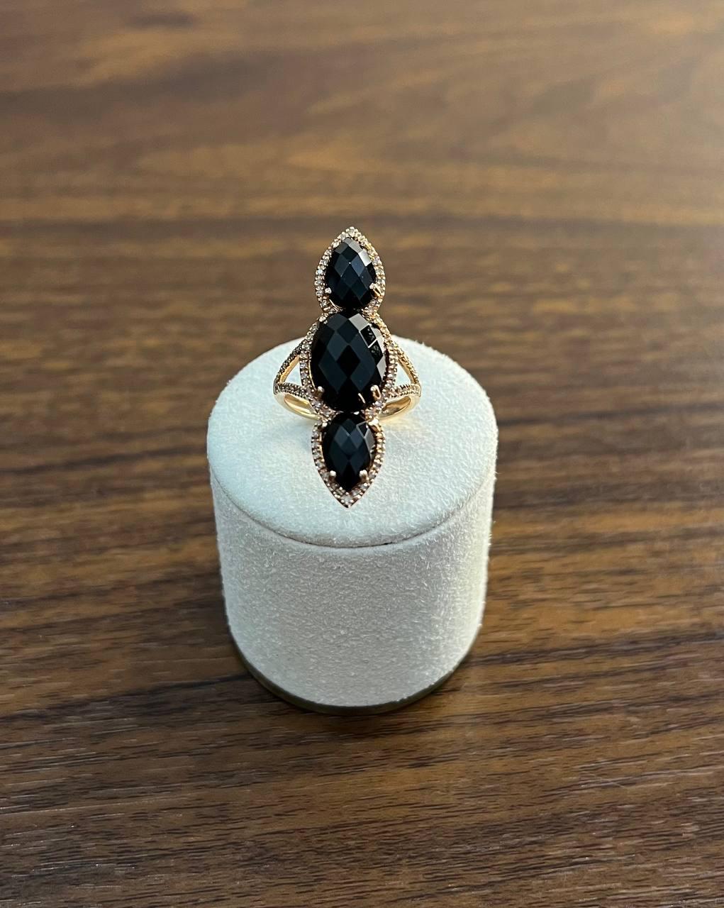 Black Onyx Faceted Diamonds Halo Statement 14K Gold Statement Ring