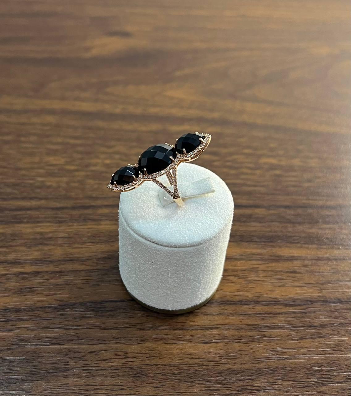 Black Onyx Faceted Diamonds Halo Statement 14K Gold Statement Ring