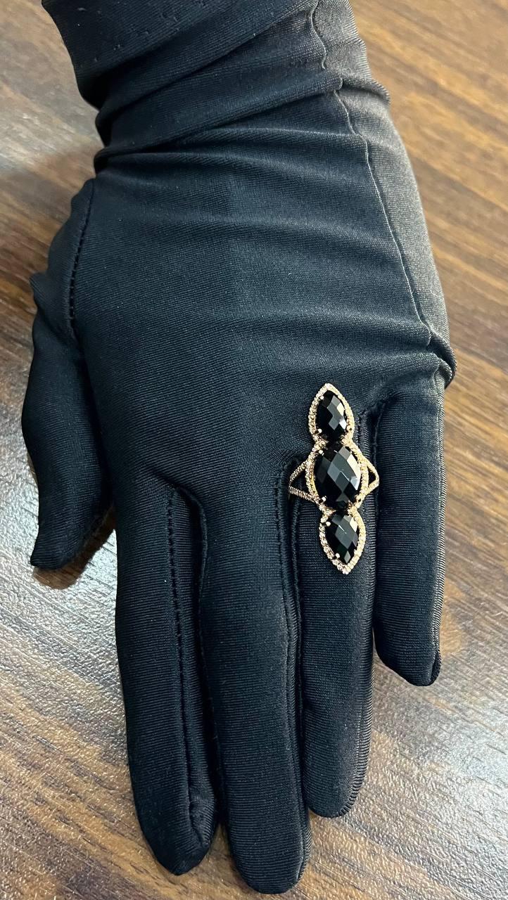 Black Onyx Faceted Diamonds Halo Statement 14K Gold Statement Ring