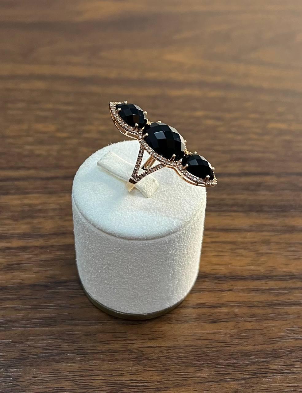 Black Onyx Faceted Diamonds Halo Statement 14K Gold Statement Ring