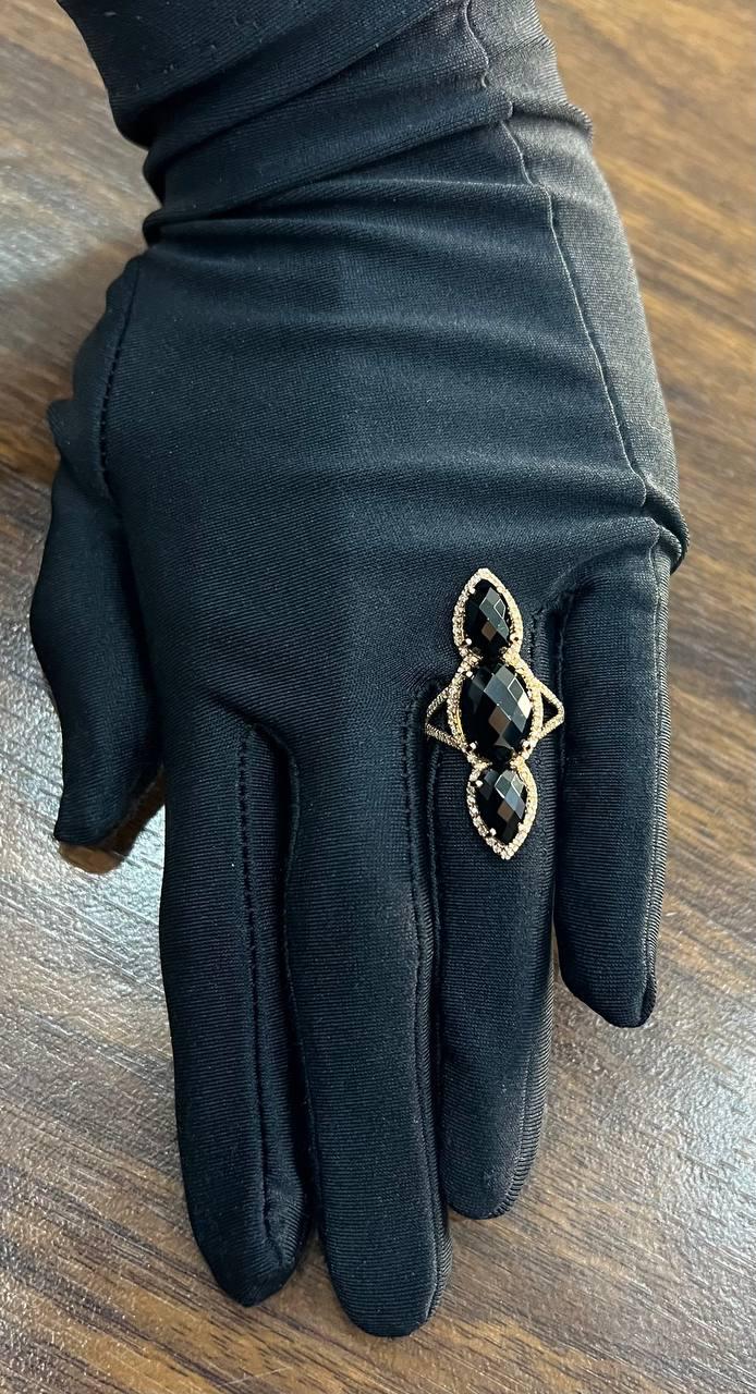 Black Onyx Faceted Diamonds Halo Statement 14K Gold Statement Ring