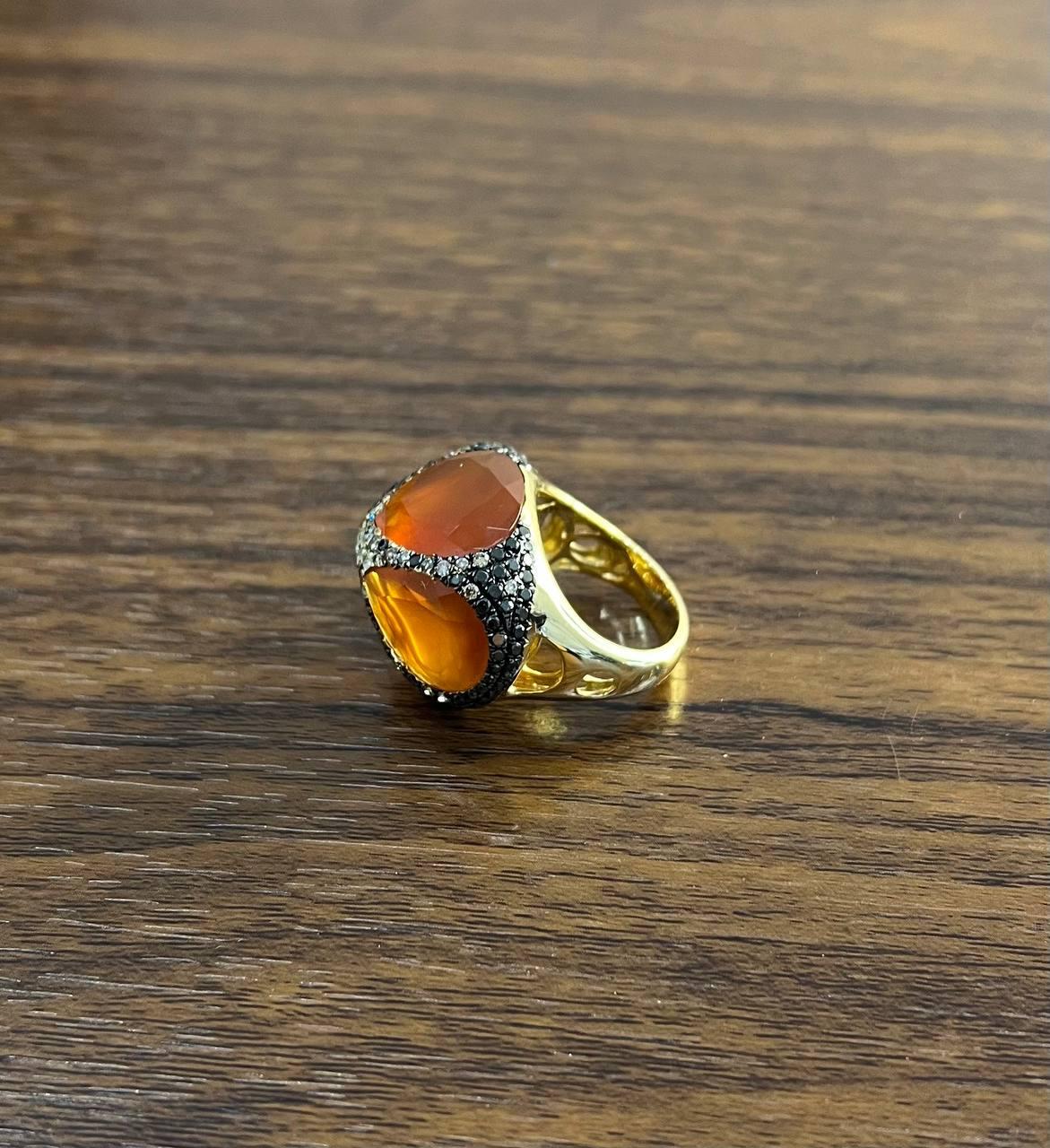 Free Shape Faceted Orange Carnelian Diamond Pave 14K Gold Statement Ring