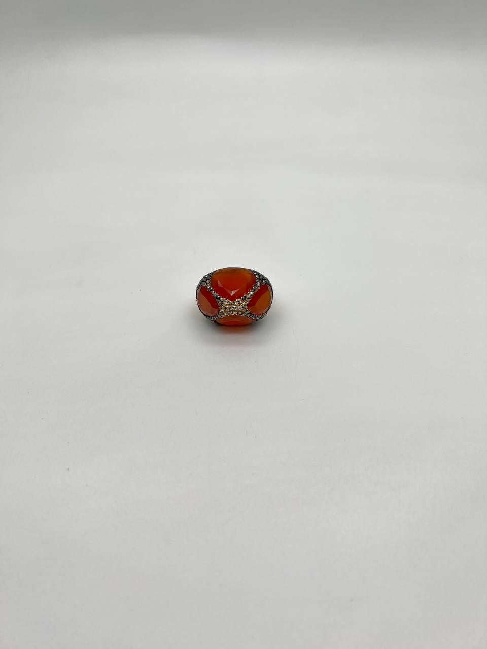 Free Shape Faceted Orange Carnelian Diamond Pave 14K Gold Statement Ring