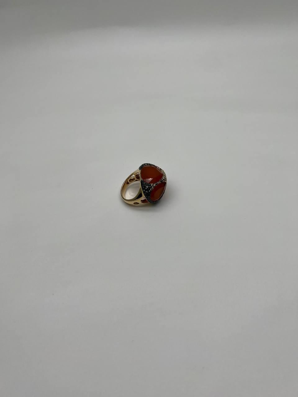 Free Shape Faceted Orange Carnelian Diamond Pave 14K Gold Statement Ring