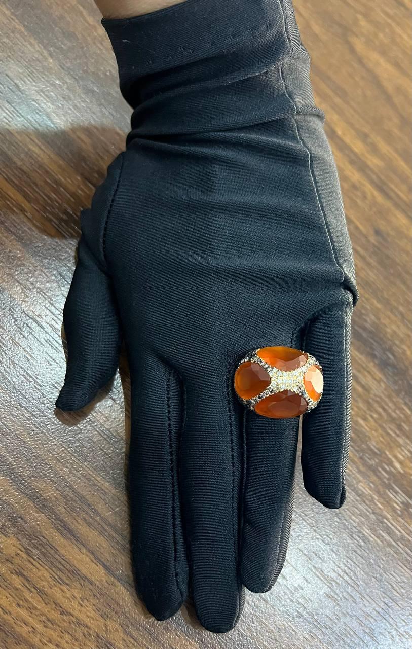 Free Shape Faceted Orange Carnelian Diamond Pave 14K Gold Statement Ring
