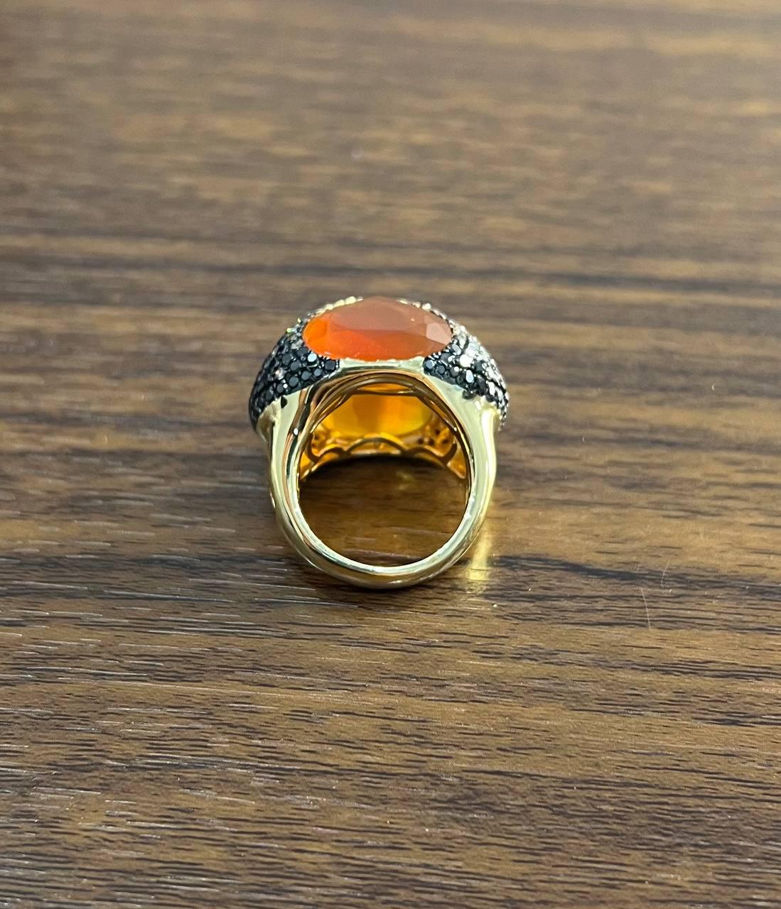 Free Shape Faceted Orange Carnelian Diamond Pave 14K Gold Statement Ring