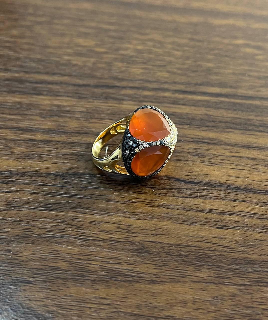 Free Shape Faceted Orange Carnelian Diamond Pave 14K Gold Statement Ring