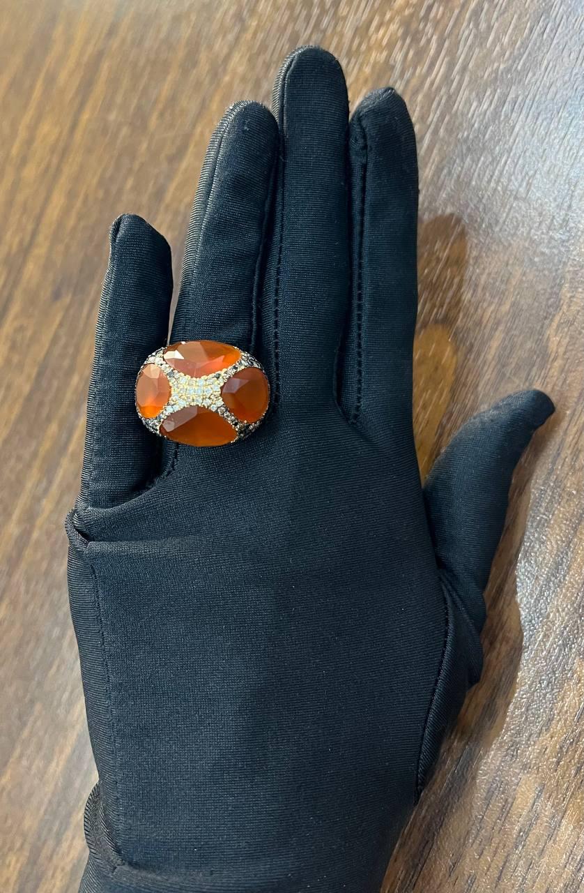 Free Shape Faceted Orange Carnelian Diamond Pave 14K Gold Statement Ring