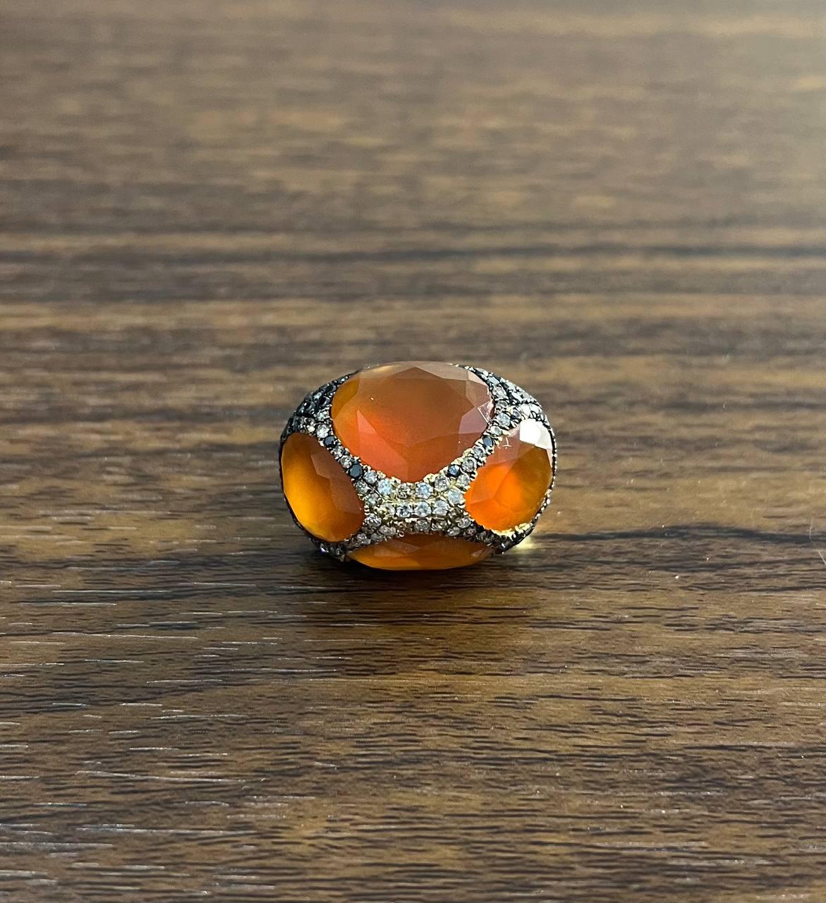 Free Shape Faceted Orange Carnelian Diamond Pave 14K Gold Statement Ring